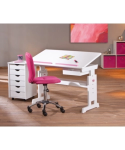 SCRIVANIA IN PINO MASSELLO FINITURA BIANCO ROSA/BLU . PIANO INCLINABILE E STRUTTURA REGOLABILE IN ALTEZZA. DIM. 109X55X64-90H. ARTICOLO IN KIT.